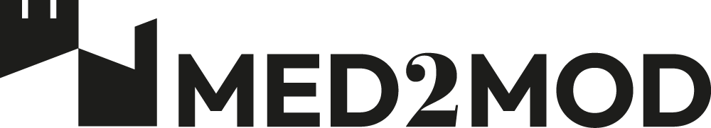 Il logo del progeto Med2Mod che mostra la transizione da una torre signorile medievale ad una ciminiera borghese moderna
