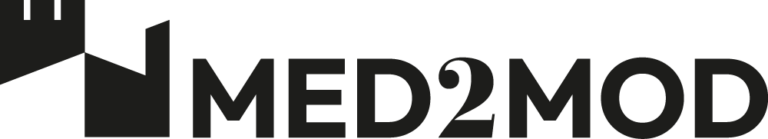 Il logo del progeto Med2Mod che mostra la transizione da una torre signorile medievale ad una ciminiera