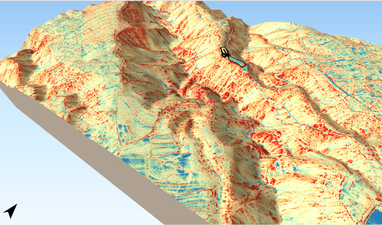 Modello idrologico del territorio di Arena in vista tridimensionale