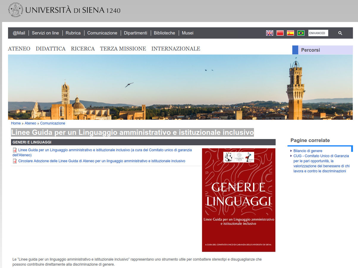 questa immagine mostra la pagina del sito dell'Università di Siena dove sono scaricabili le linee guida per generi e linguaggi inclusivi